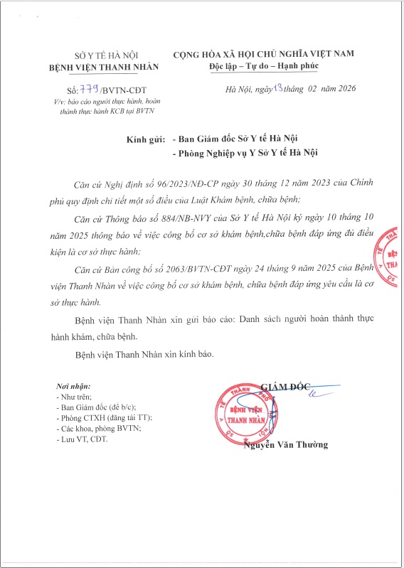 Danh sách hoàn thành thực hành tại Bệnh viện Thanh Nhàn tháng 2/2026