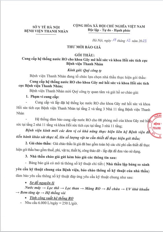 Thư mời báo giá gói thầu: Cung cấp hệ thống nước RO cho khoa Gây mê hồi sức và khoa Hồi sức tích cực Bệnh viện Thanh Nhàn