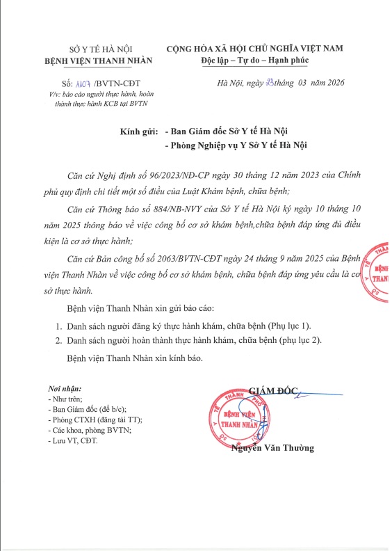 Báo cáo người thực hành, hoàn thành thực hành KCB tại BVTN tháng 03/2026