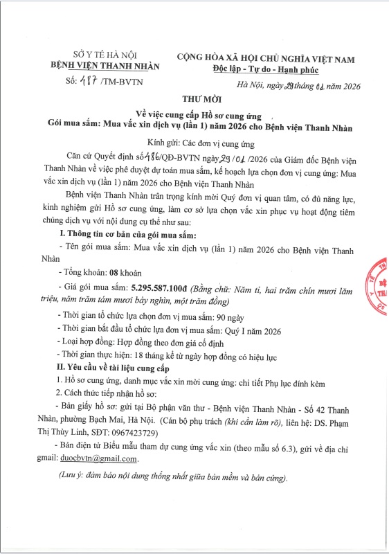 Thư mời về việc cung cấp Hồ sơ cung ứng Gói mua sắm: Mua vắc xin dịch vụ (lần 1) năm 2026 cho Bệnh viện Thanh Nhàn
