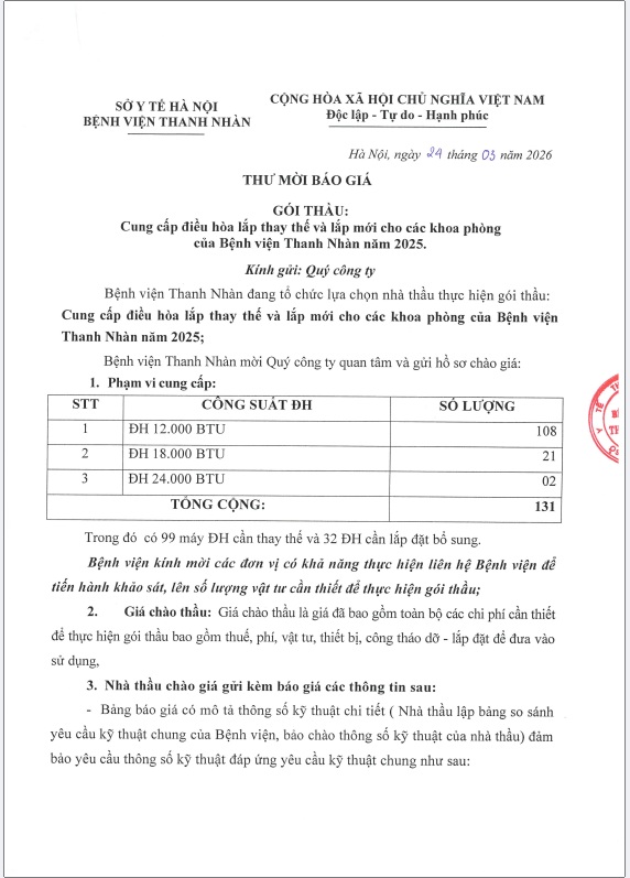 Thư mời khảo sát và chào giá gói thầu: Cung cấp điều hòa lắp thay thế và lắp mới cho các khoa phòng của Bệnh viện Thanh Nhàn năm 2025
