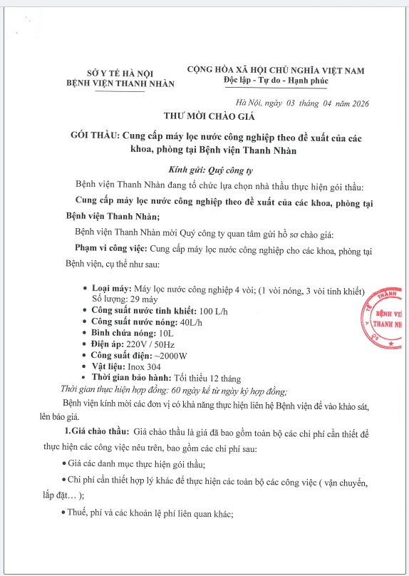 Cung cấp máy lọc nước công nghiệp theo đề xuất của các khoa, phòng tại Bệnh viện Thanh Nhàn