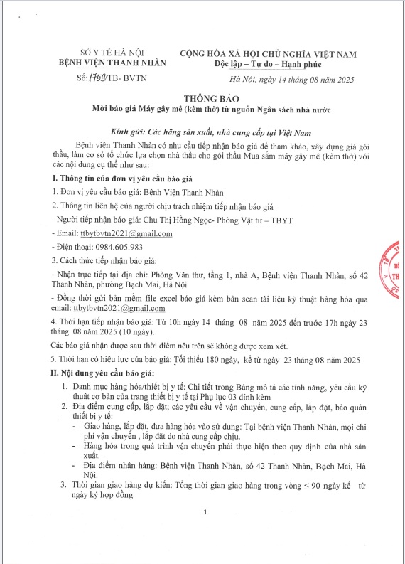 CV 1759 Thông báo mời báo giá để tham khảo , xây dựng giá gói thầu: mua sắm máy gây mê (kèm thở) từ nguồn Ngân sách nhà nước năm 2025 cho bệnh viện Thanh Nhàn