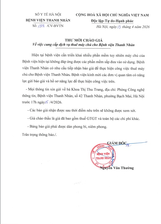 Thư mời chào giá về việc cung cấp dịch vụ thuê máy chủ cho Bệnh viện Thanh Nhàn