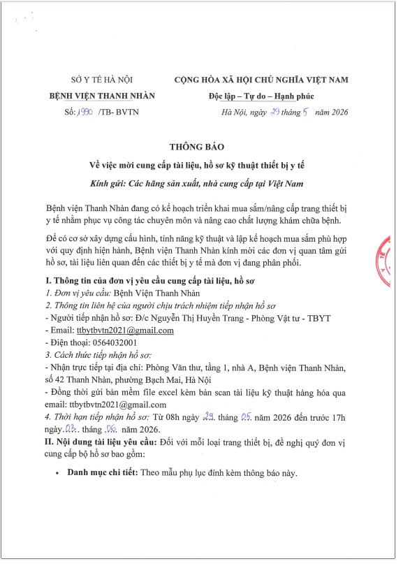 Thông báo về việc mời cung cấp tài liệu, hồ sơ kỹ thuật thiết bị y tế