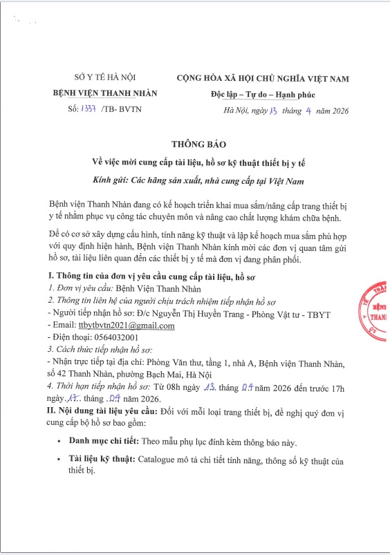 Thư mời cung cấp tài liệu, hồ sơ kỹ thuật Mua sắm thiết bị y tế phục vụ phẫu thuật ghép tạng