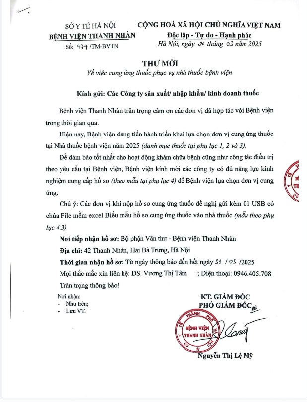 Thư mời về việc cung ứng thuốc phục vụ Nhà thuốc bệnh viện