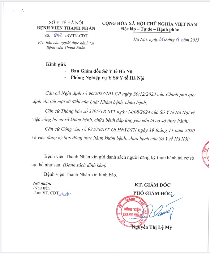 Danh sách người thực hành tại Bệnh viện Thanh Nhàn