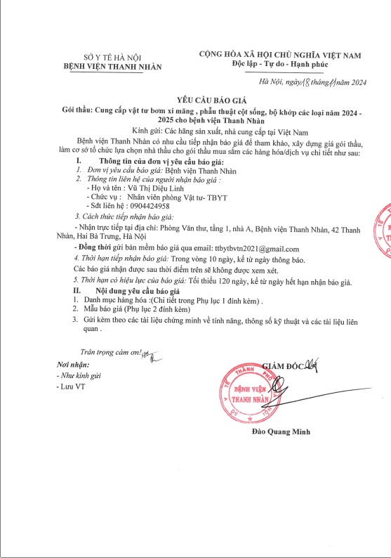 Yêu cầu báo giá gói thầu: Cung cấp vật tư bơm xi măng, phẫu thuật cột sống, bộ khớp các loại năm 2024-2025 cho bệnh viện Thanh Nhàn.