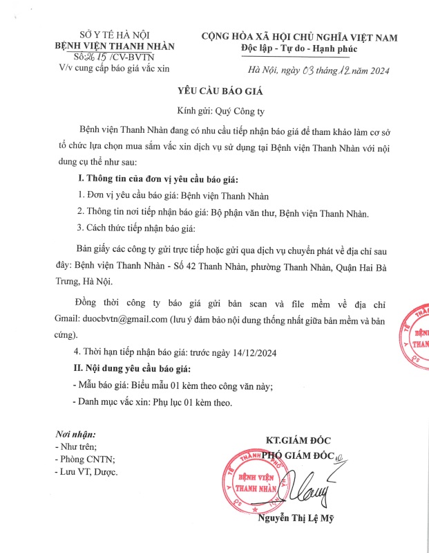 Thư mời báo giá vắc xin dịch vụ