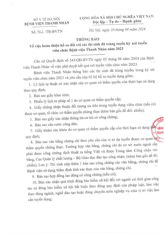 Thông báo về việc hoàn thiện hồ sơ đối với các thí sinh đã trúng tuyển xét tuyển viên chức Bệnh viện Thanh Nhàn năm 2023