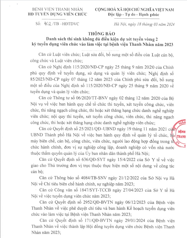 3. THÔNG BÁO Danh sách thí sinh không đủ điều kiện dự xét tuyển vòng 2 kỳ tuyển dụng viên chức vào làm việc tại bệnh viện Thanh Nhàn năm 2023