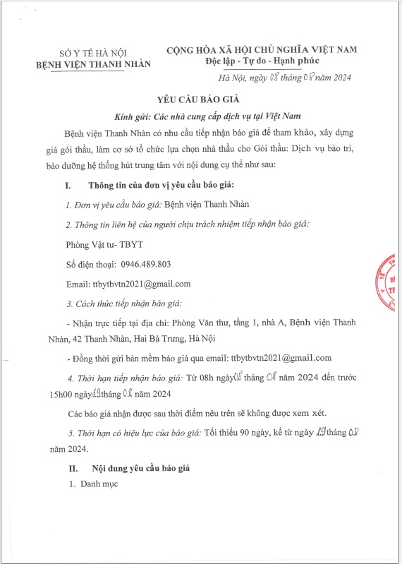 Yêu cầu báo giá Dịch vụ bảo trì, bảo dưỡng hệ thống hút trung tâm