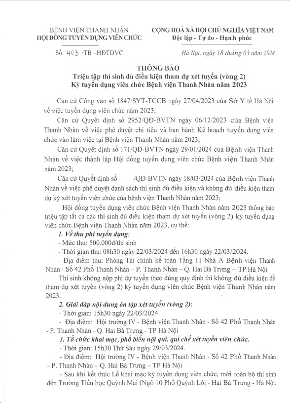 4. THÔNG BÁO Triệu tập thí sinh đủ điều kiện tham dự xét tuyển (vòng 2) Kỳ tuyển dụng viên chức Bệnh viện Thanh Nhàn năm 2023