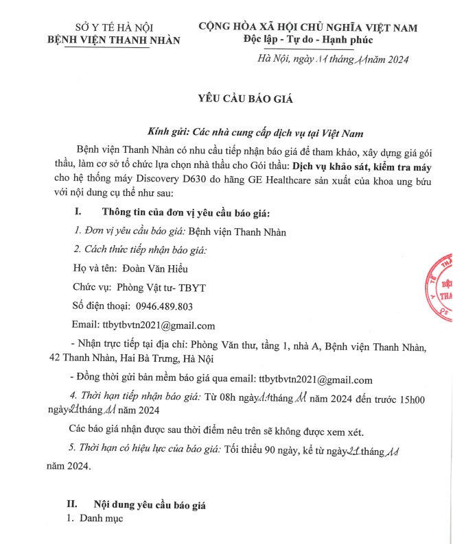 Yêu cầu báo giá cho gói thầu Dịch vụ khảo sát, kiểm tra máy cho hệ thống máy Discovery D630 do hãng GE Healthcare sản xuất của khoa ung bướu