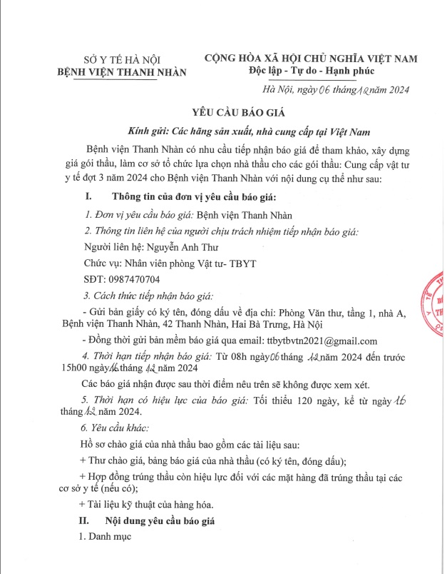 Yêu cầu báo giá để tham khảo, xây dựng giá gói thầu, làm cơ sở tổ chức lựa chọn nhà thầu cho các gói thầu: Cung cấp vật tư y tế đợt 3 năm 2024 cho Bệnh viện thanh Nhàn.