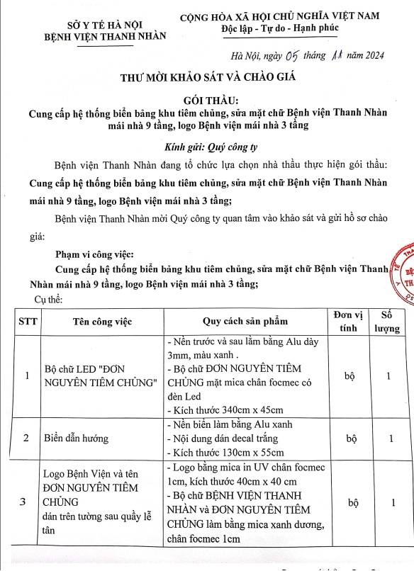 Cung cấp hệ thống biển bảng khu tiêm chủng, sửa mặt chữ Bệnh viện Thanh Nhàn mái nhà 9 tầng, logo Bệnh viện mái nhà 3 tầng
