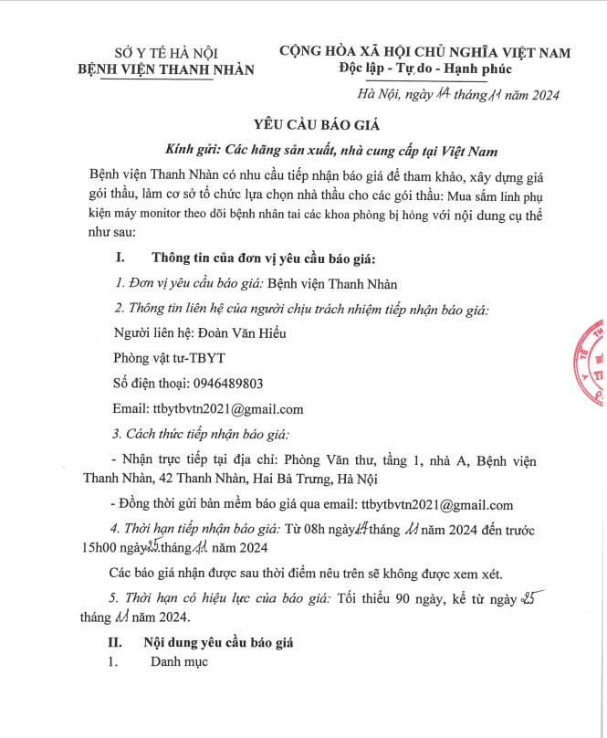 Yêu cầu báo giá cho các gói thầu Mua sắm linh phụ kiện máy monitor theo dõi bệnh nhân tại các khoa phòng bị hỏng