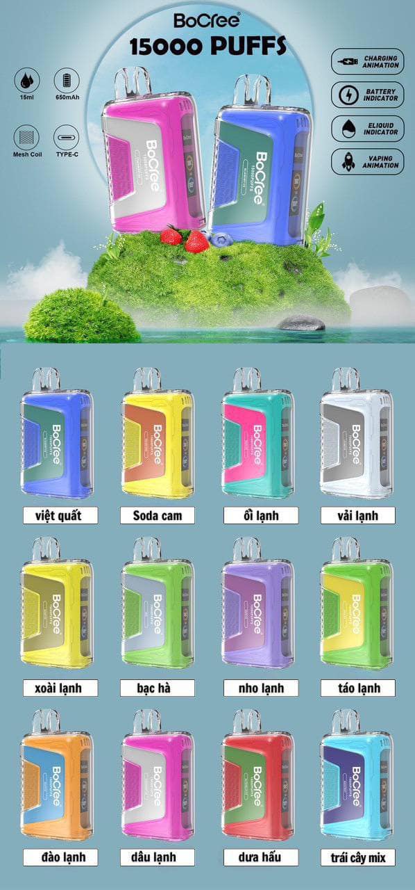 Giới thiệu và đánh giá chi tiết Pod 1 lần Bocree 15000 Hơi (50mg)