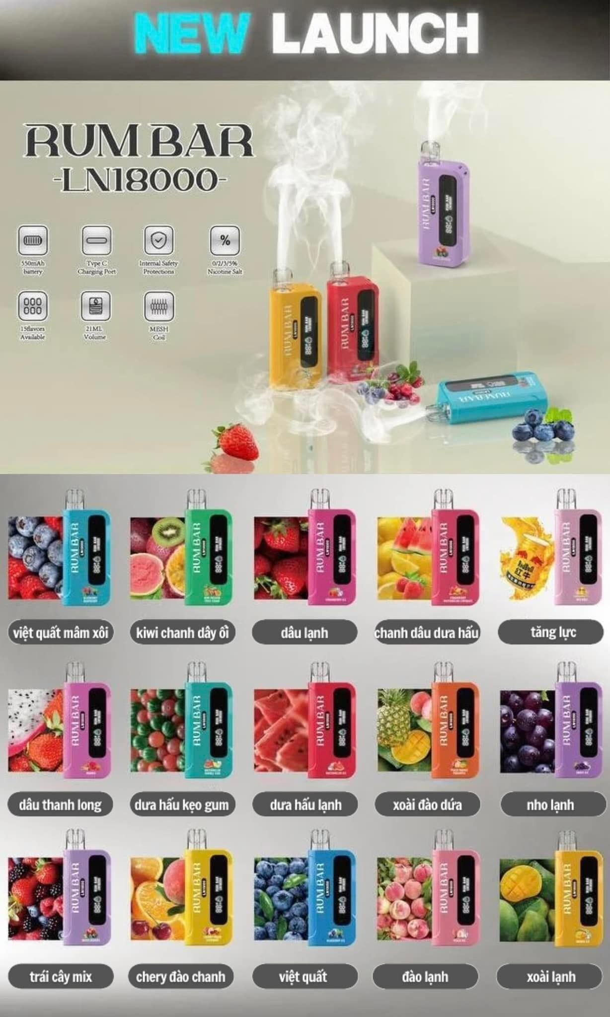 Rum Bar 18000 Hơi Trái Cây Mix (50mg) – Pod 1 Lần
