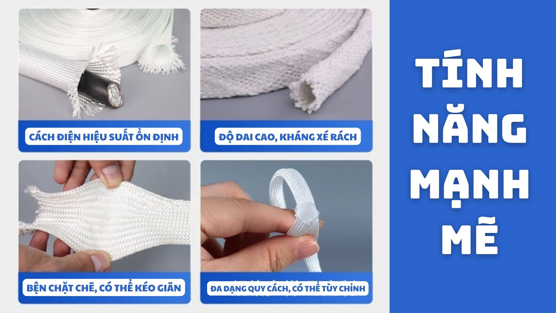 Gen sợi thủy tinh có khả năng cách điện ổn định, độ dai cao, chống xé rách tốt và có thể kéo giãn nhẹ khi lắp đặt. Sản phẩm có nhiều quy cách, dễ tùy chỉnh theo từng ứng dụng thực tế.