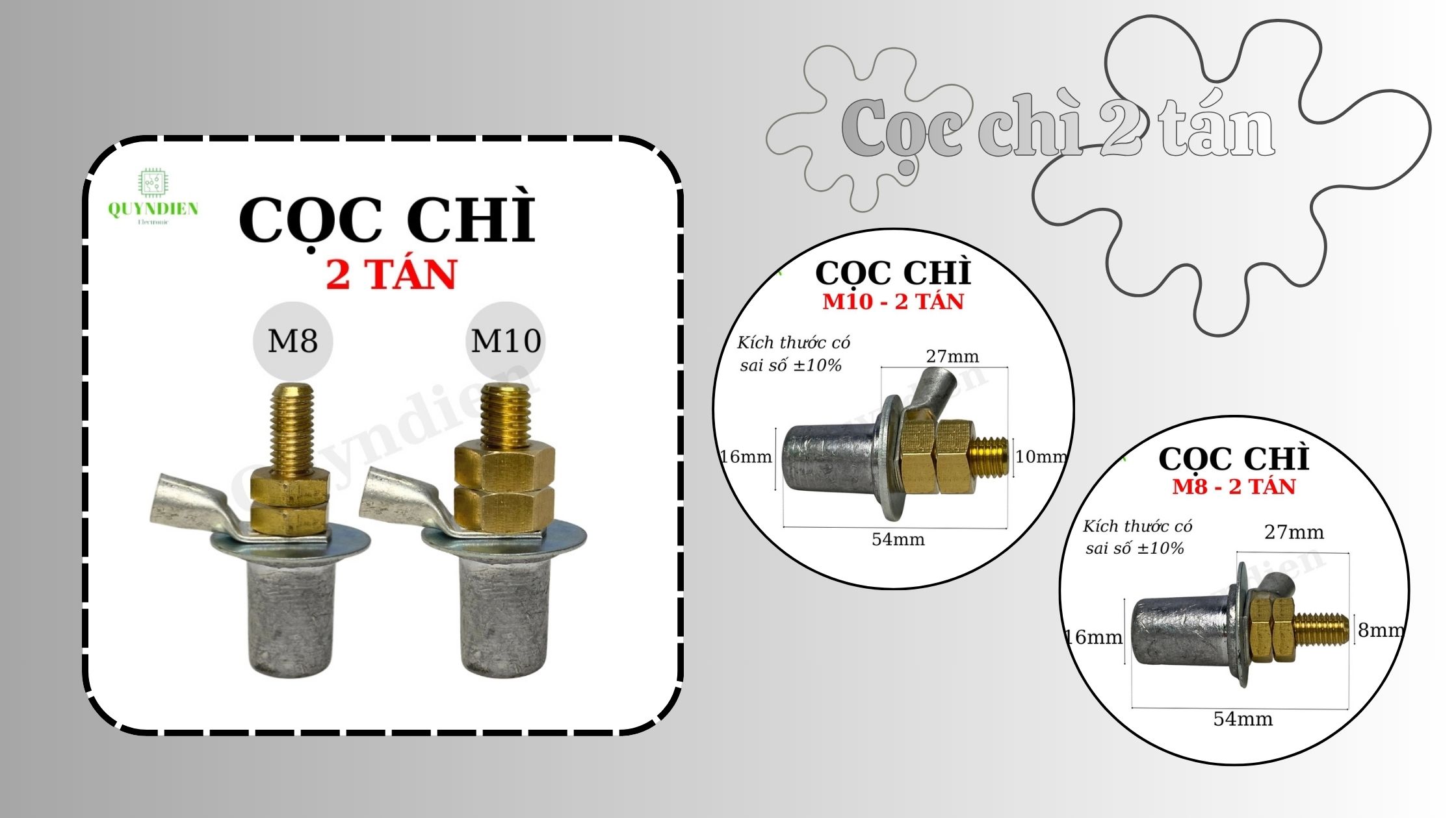 Cọc chì 2 tán loại M8 và M10 – phù hợp cho bình ắc quy, xe máy, xe đạp điện. Thiết kế chắc chắn, ren đồng sắc nét, kích thước chuẩn ±10% giúp lắp đặt nhanh và an toàn.