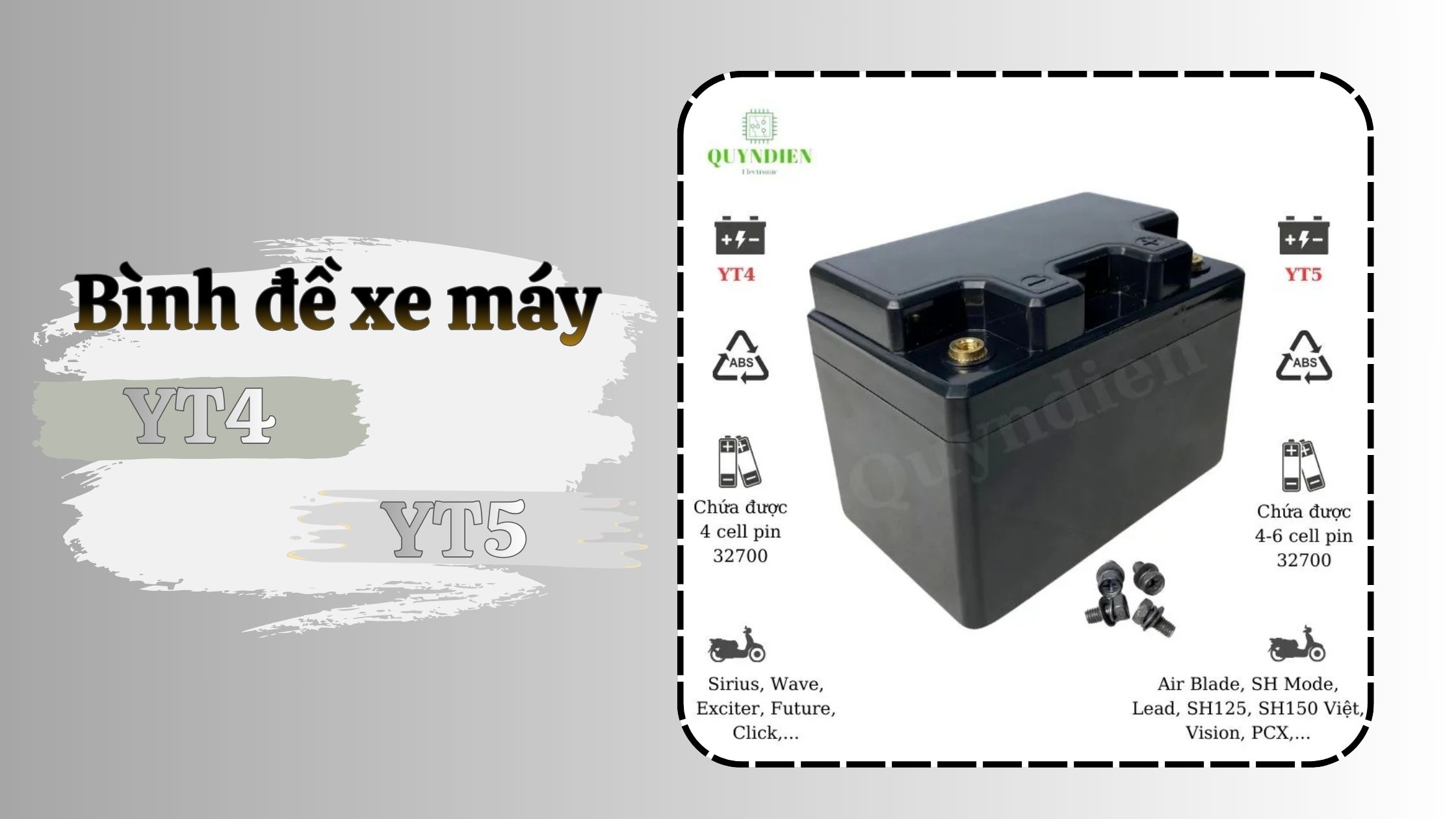 Vỏ bình đề xe máy YT4/YT5 – chất liệu ABS dày, chứa được 4–6 cell pin 32700. Tương thích với Sirius, Wave, Exciter, Air Blade, SH Mode, Lead… giúp độ lại bình đề mạnh, bền và an toàn.