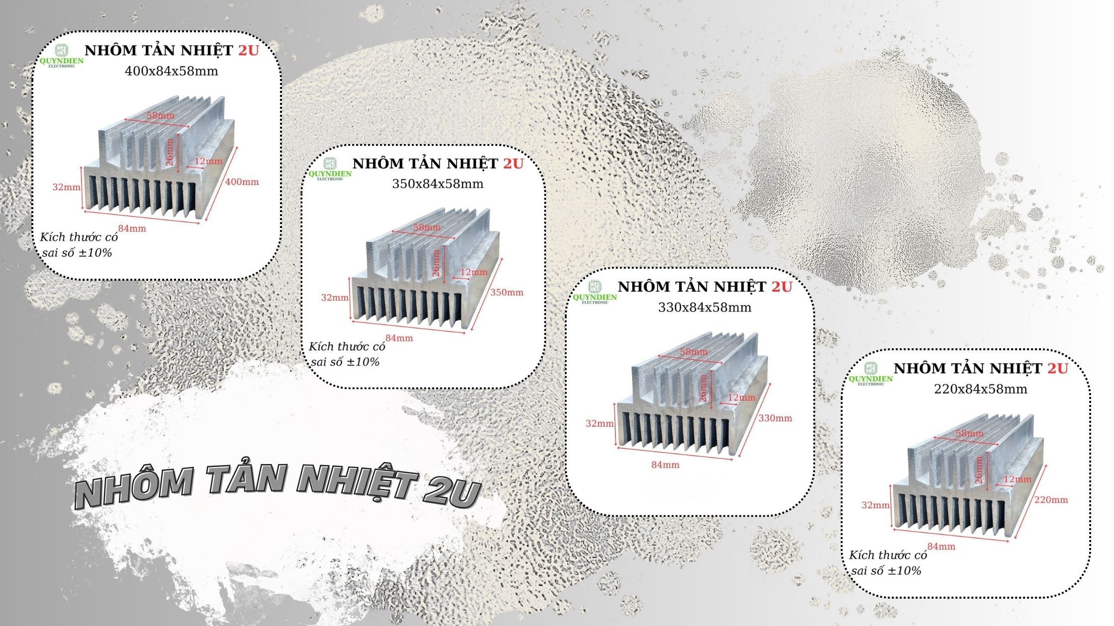 Dòng nhôm tản nhiệt 2U với nhiều kích thước: 400×84×58mm, 350×84×58mm, 330×84×58mm, 220×84×58mm. Phù hợp tản nhiệt cho ampli, nguồn xung, công suất lớn. Thiết kế rãnh sâu giúp tản nhiệt nhanh và ổn định.