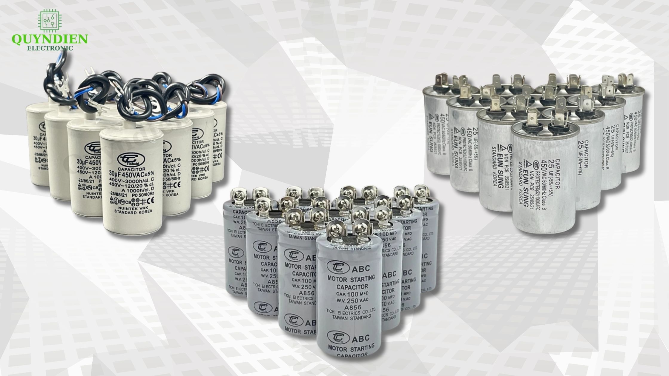 Ba dòng tụ chủ lực luôn sẵn hàng số lượng lớn: Tụ đề có dây, Tụ khởi động và Tụ ngậm vỏ nhôm.