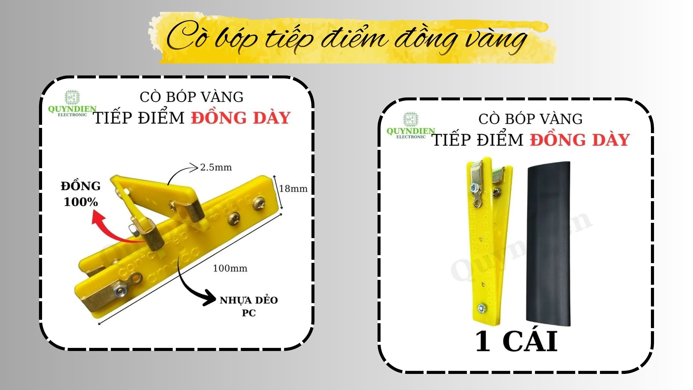 Cò bóp vàng tiếp điểm đồng dày – cấu tạo từ nhựa dẻo PC siêu bền, tiếp điểm đồng 100% cho độ dẫn điện tốt, kích thước chuẩn cho mạch kích cá và các ứng dụng điện tử cần độ ổn định cao.