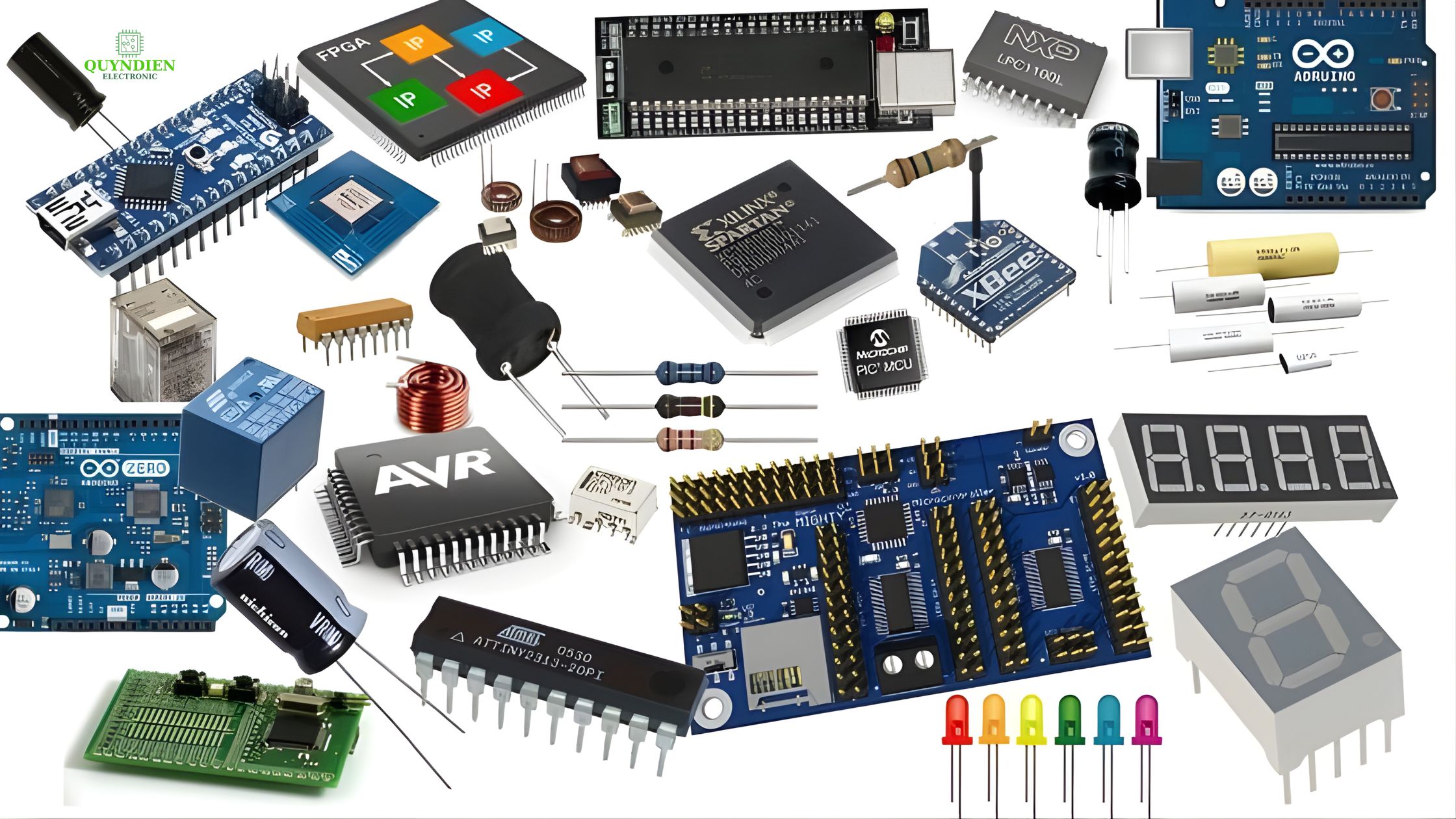 Hình ảnh tổng hợp các linh kiện điện tử như IC, tụ điện, điện trở, bo mạch Arduino, module, LED, relay... tại Linh Kiện Quỳnh Diễn