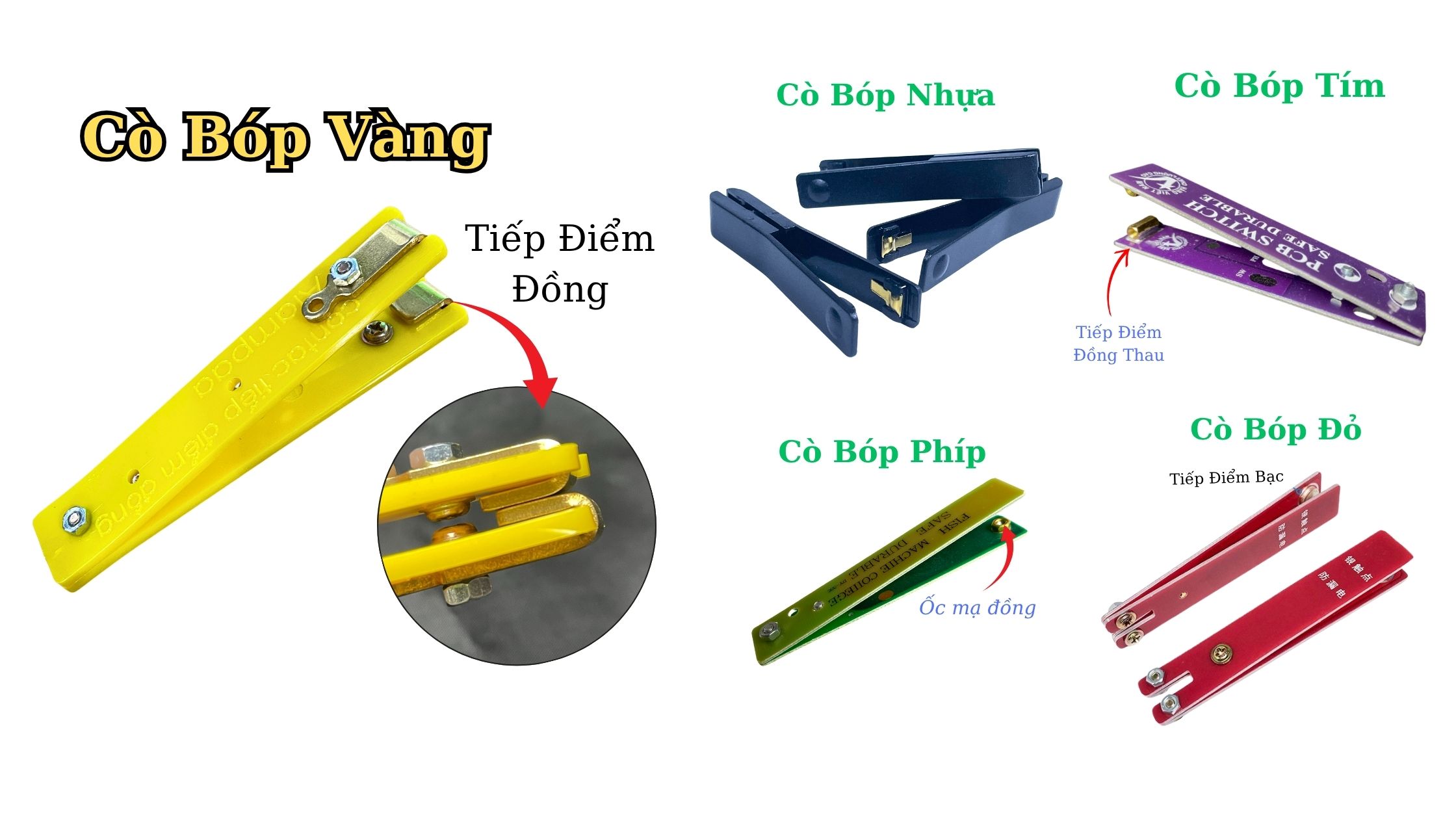 Cò bóp vàng nhựa dẻo tiếp điểm đồng dày