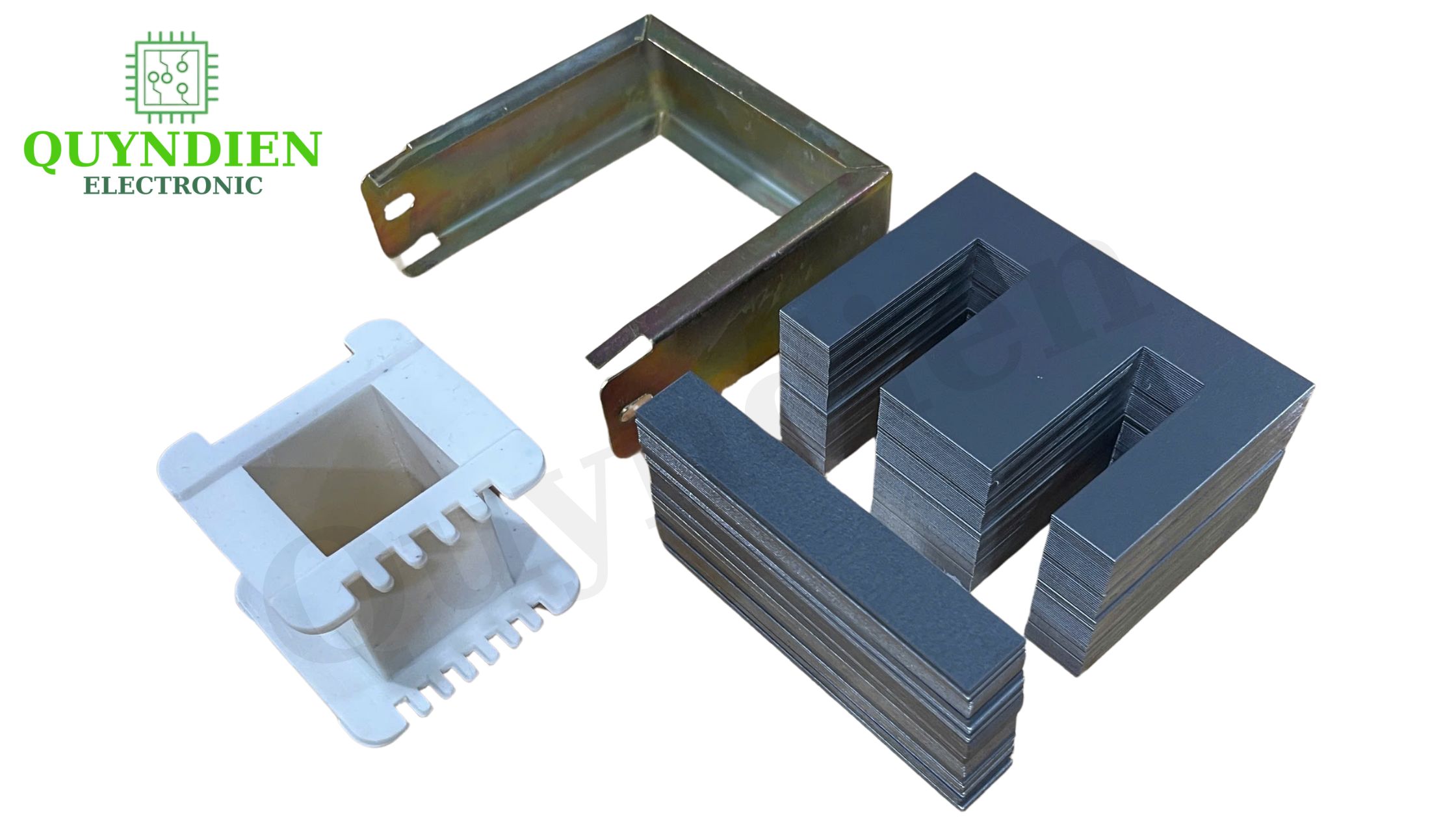 Bộ lõi thép silic hình E-I kèm khuôn cuộn dây và khung kẹp – Vật liệu chế tạo biến áp công suất – Linh Kiện Quỳnh Diễn