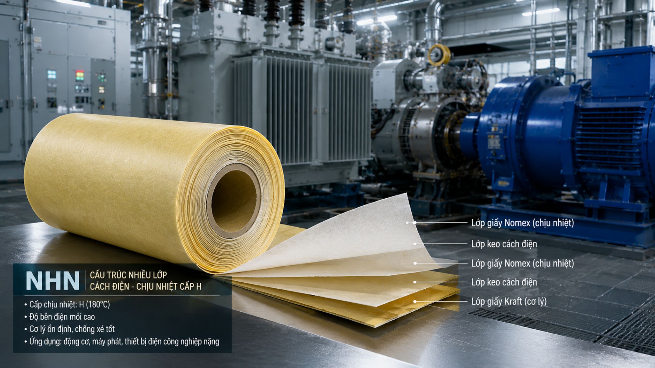 Giấy cách điện NHN phù hợp cho thiết bị tải nặng, máy phát điện và hệ thống điện công nghiệp.