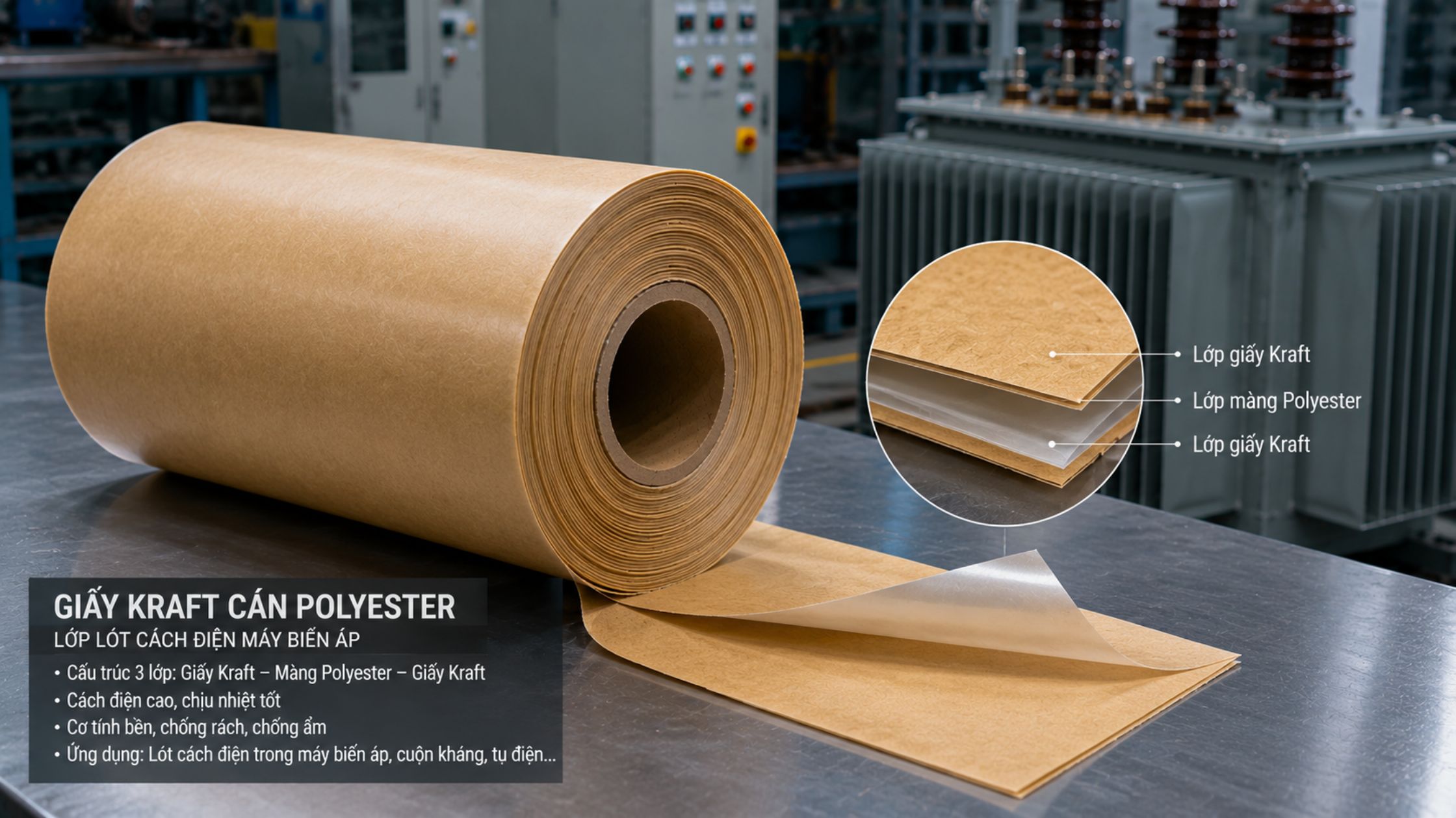 Giấy Kraft cán Polyester là lựa chọn kinh tế cho các ứng dụng cách điện phổ thông.