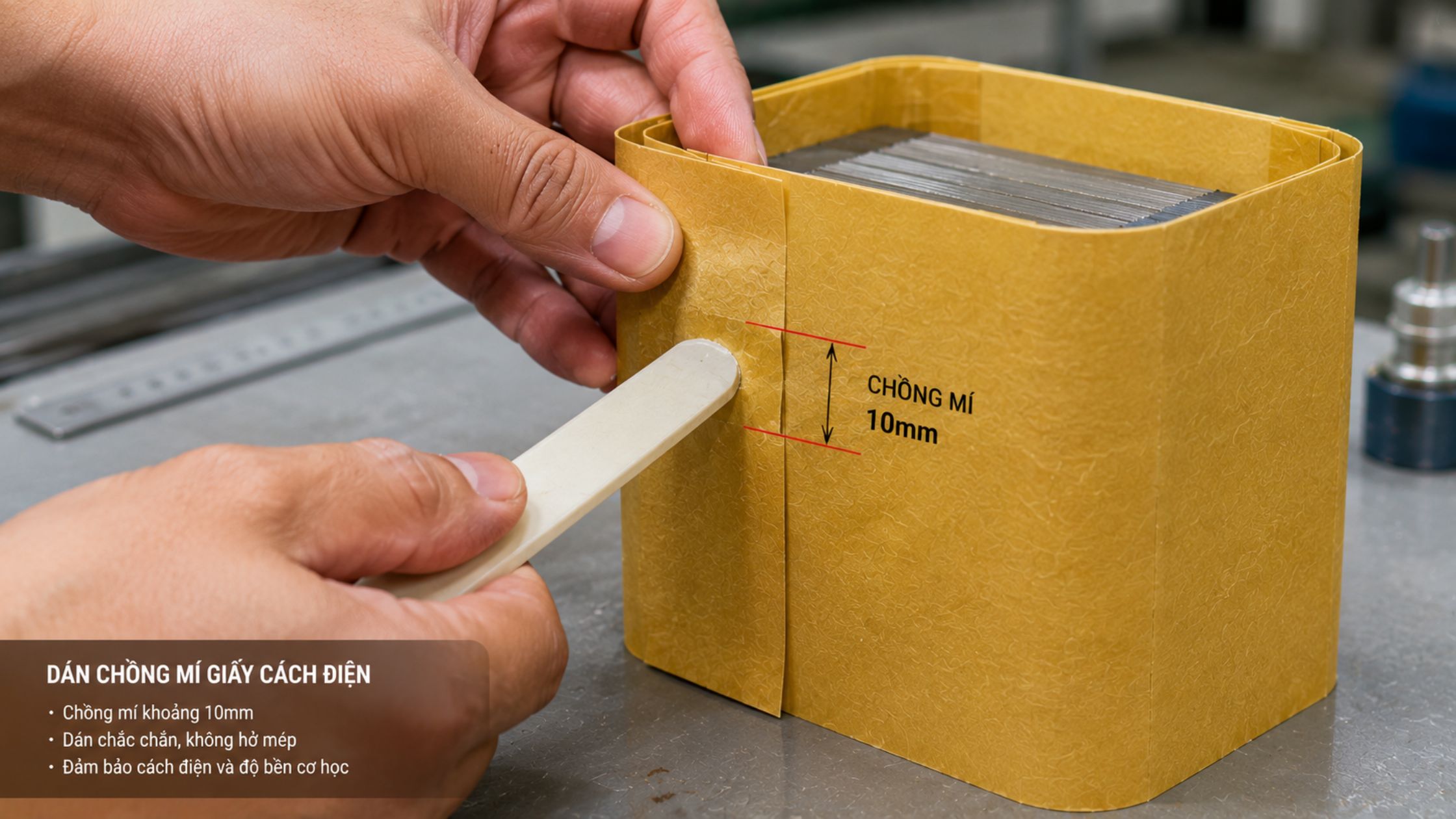 Mép dán nên được chồng tối thiểu 10mm để khuôn chắc và khó bung