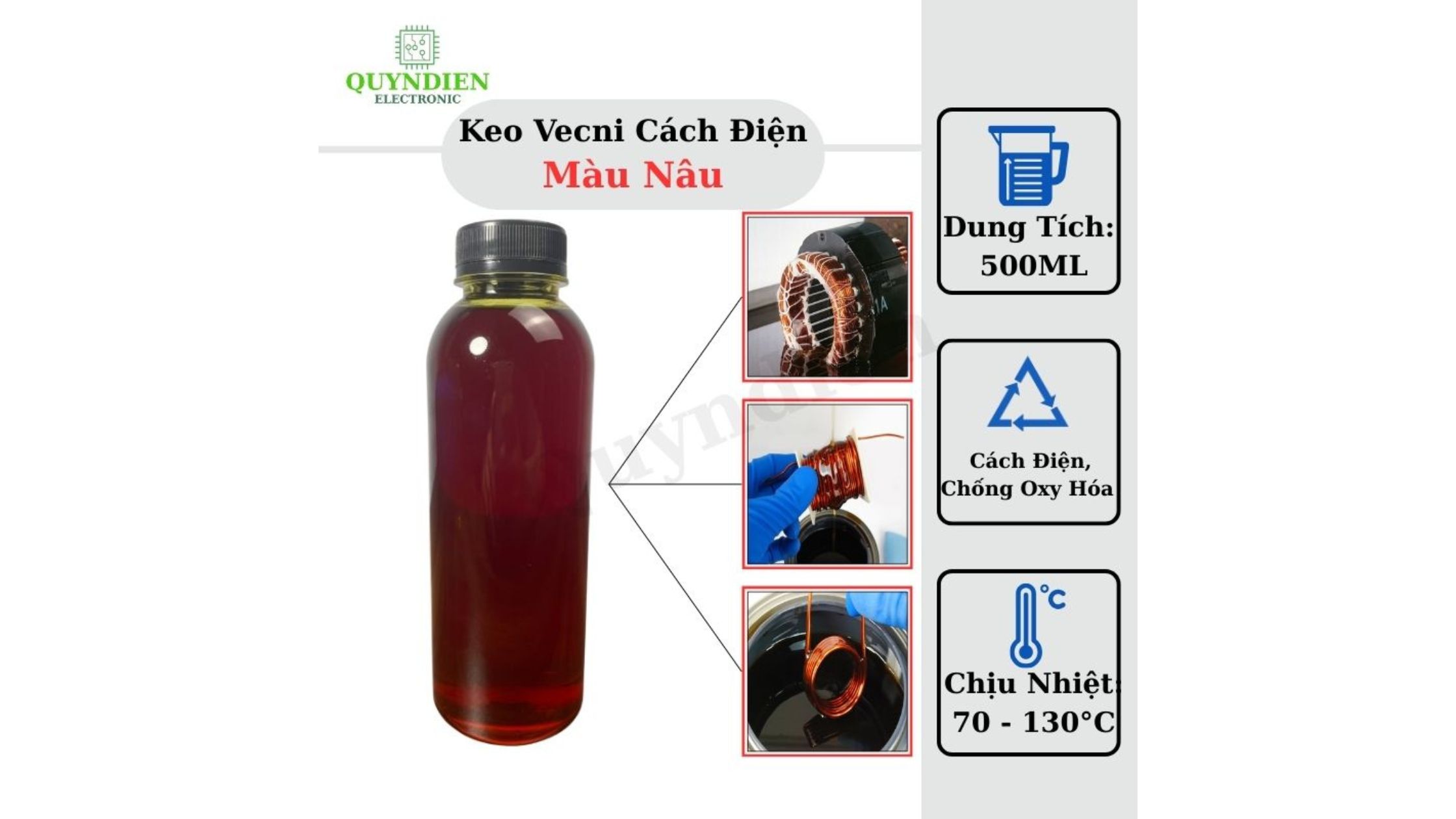 Keo Vecni Cách Điện Màu Nâu 500ml – Chống oxy hóa, chịu nhiệt 70–130°C, bảo vệ cuộn dây motor và biến áp.