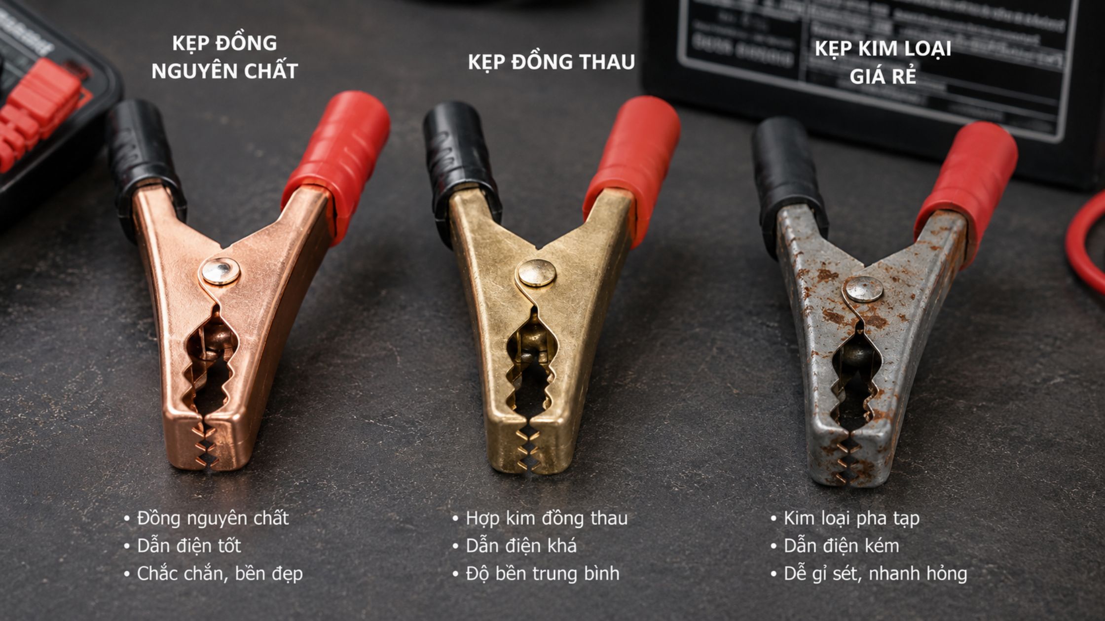 Kẹp bình điện bằng đồng hoặc đồng thau thường dẫn điện tốt, bền và ít bị oxy hóa hơn.
