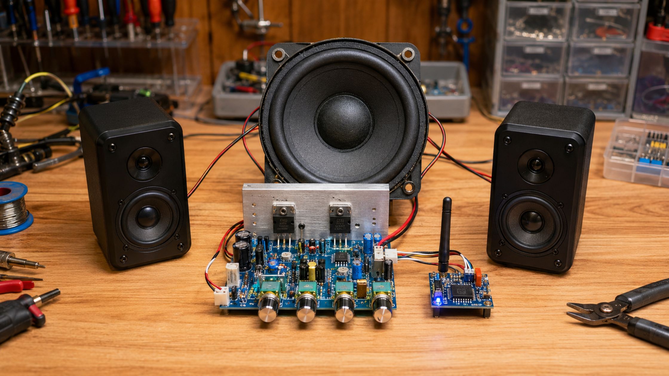 Mạch ampli 2.1 mini dùng D718 cho loa kéo, loa vi tính DIY