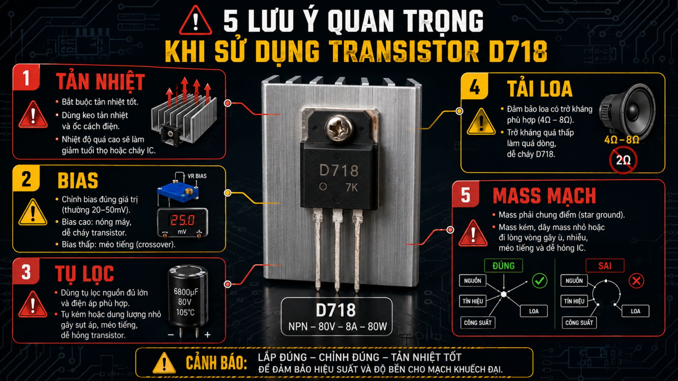 5 lưu ý quan trọng khi dùng transistor D718 để mạch ampli hoạt động ổn định, ít nóng và bền hơn