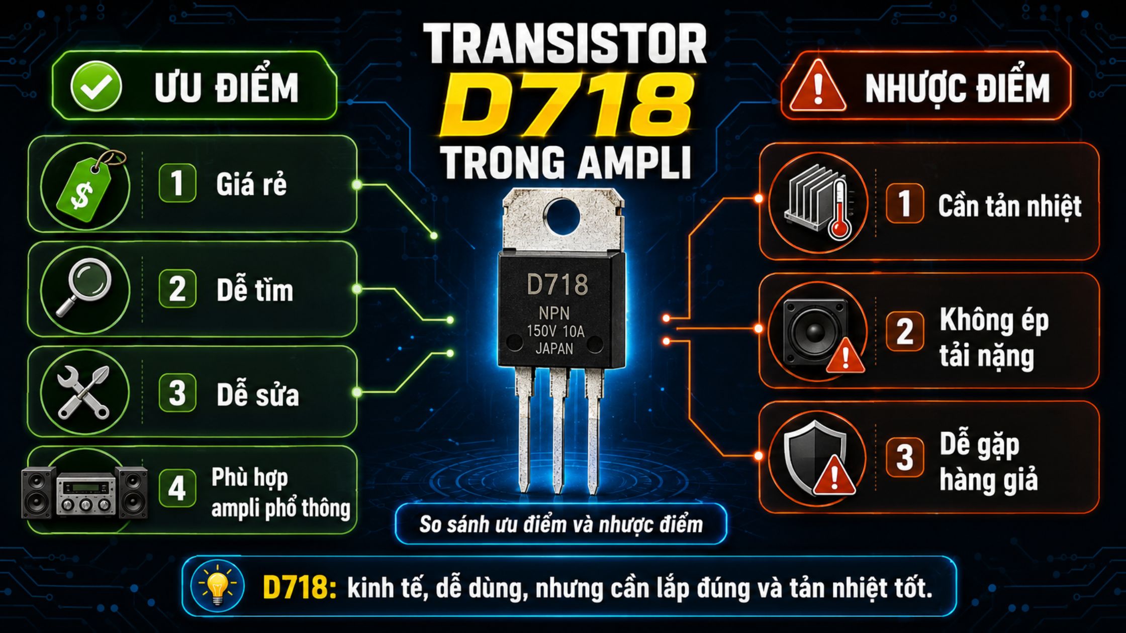 Ưu và nhược điểm của transistor D718 trong ampli: dễ dùng, giá tốt nhưng cần tản nhiệt đúng cách