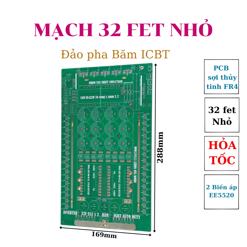 PCB bo mạch kích đ iện 32 fet nhỏ 2 biến áp E5520 đảo pha băm IGBT Auto Duty (Kèm dao động)