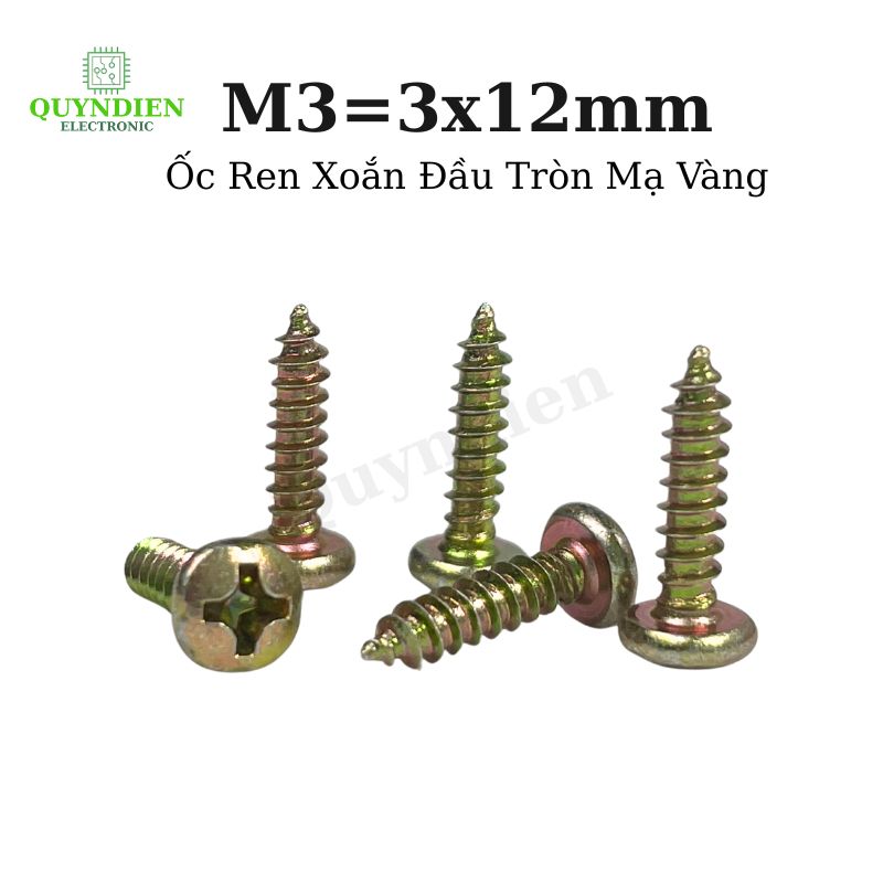 Ốc Vít Nhọn M3x12mm Đầu Tròn Ren Xoắn Mạ Vàng - 500 Con