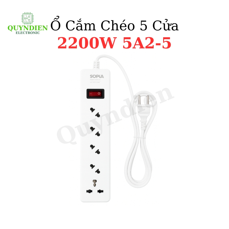 Ổ Cắm Lõi sứ chống cháy 5 Cửa Chéo con tắc 2200W  - VAT - Ổ cắm chéo 5 cửa 2200W 5A2-5