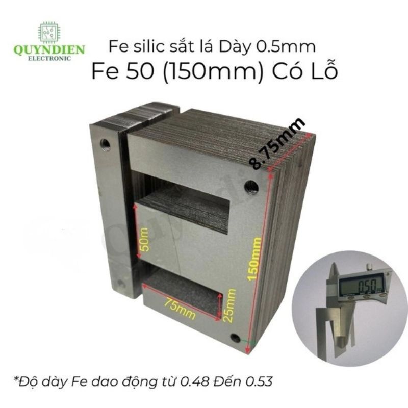 Fe Sắt Silic EI 0.5mm - 50mm (150mm) Lá Dày Có Lỗ