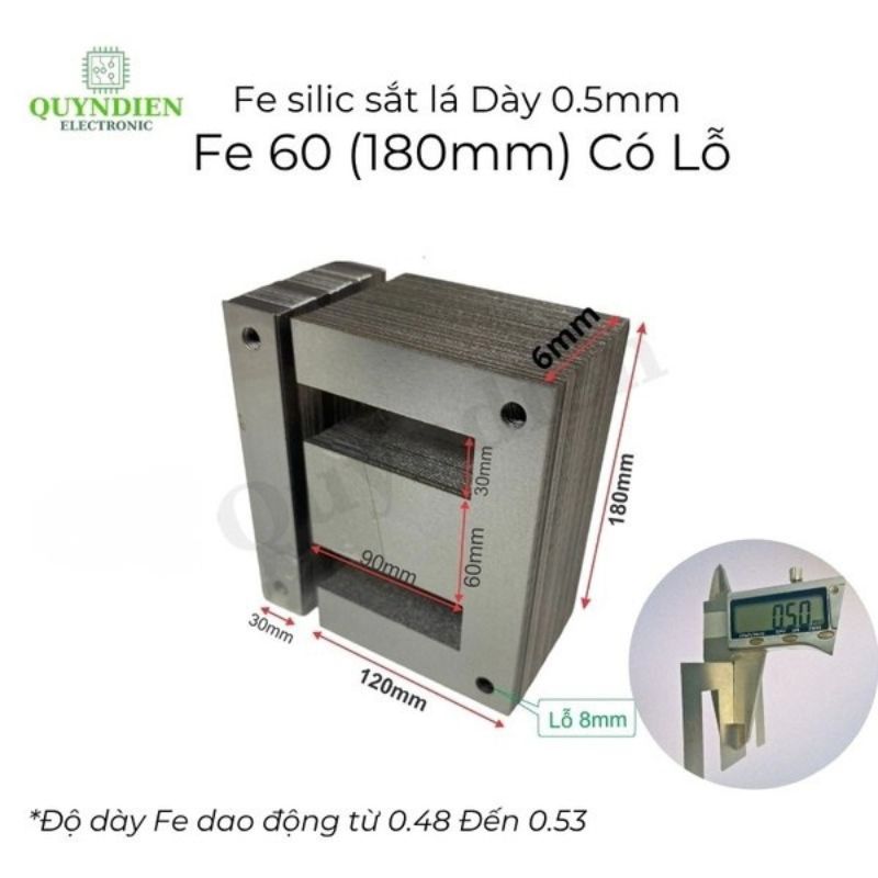 Fe Sắt Silic EI 0.5mm - 60mm (180mm) Lá Dày Có Lỗ