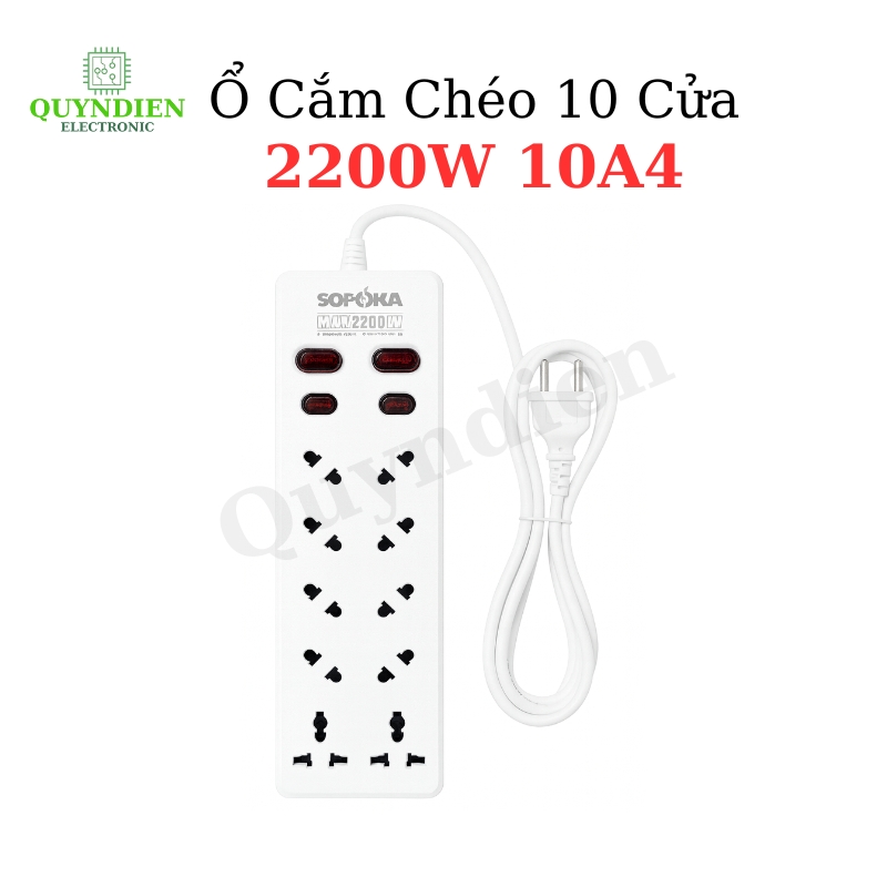 Ổ Cắm Chéo 10 Cửa 2200W 10A4 2 Nút Nguồn Siêu Bền Chống Cháy Chịu Nhiệt