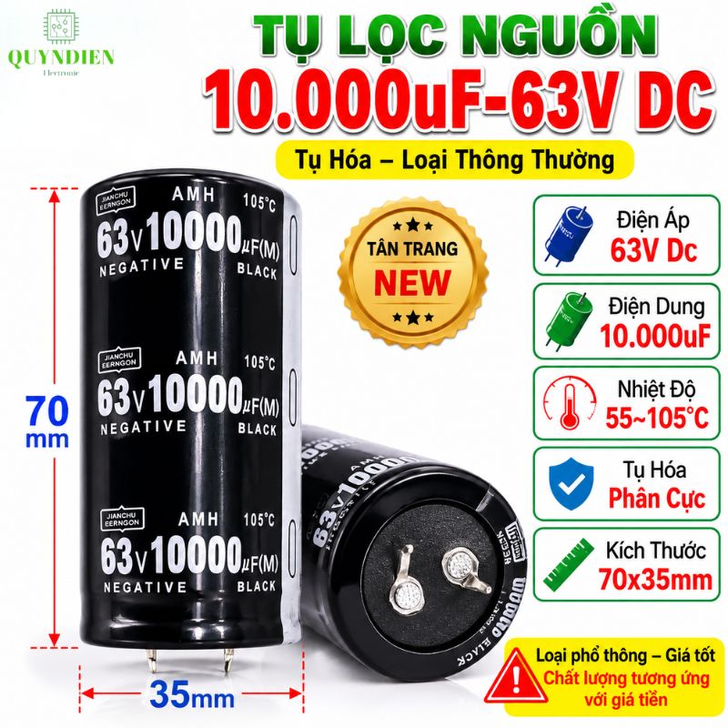 Tụ hóa lọc nguồn 10.000uf - 63v màu đen dùng trong thiết bị âm thanh, nguồn xung, và các mạch điện công suất lớn