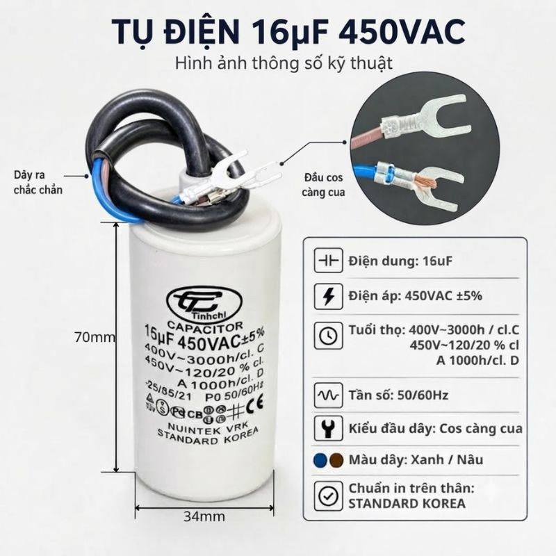 Tụ Đề Máy Bơm Nước 16uF 450VAC Tinh Chi
