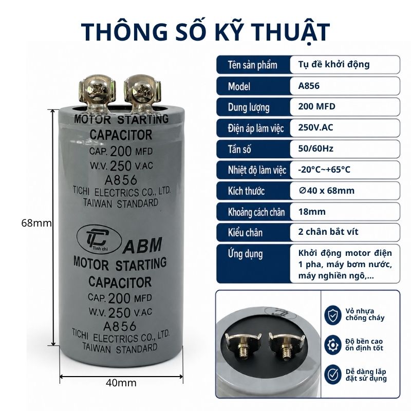 Tụ Đề Khởi Động Tinh Chi 200uF 250VAC